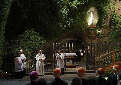 Pope Francis leads Marian prayer service at grotto of Our Lady of Lourdes in Vatican Gardens
