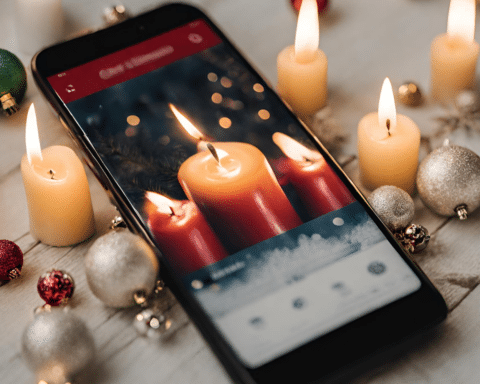 A cellphone with a playlist in a Christmas setting