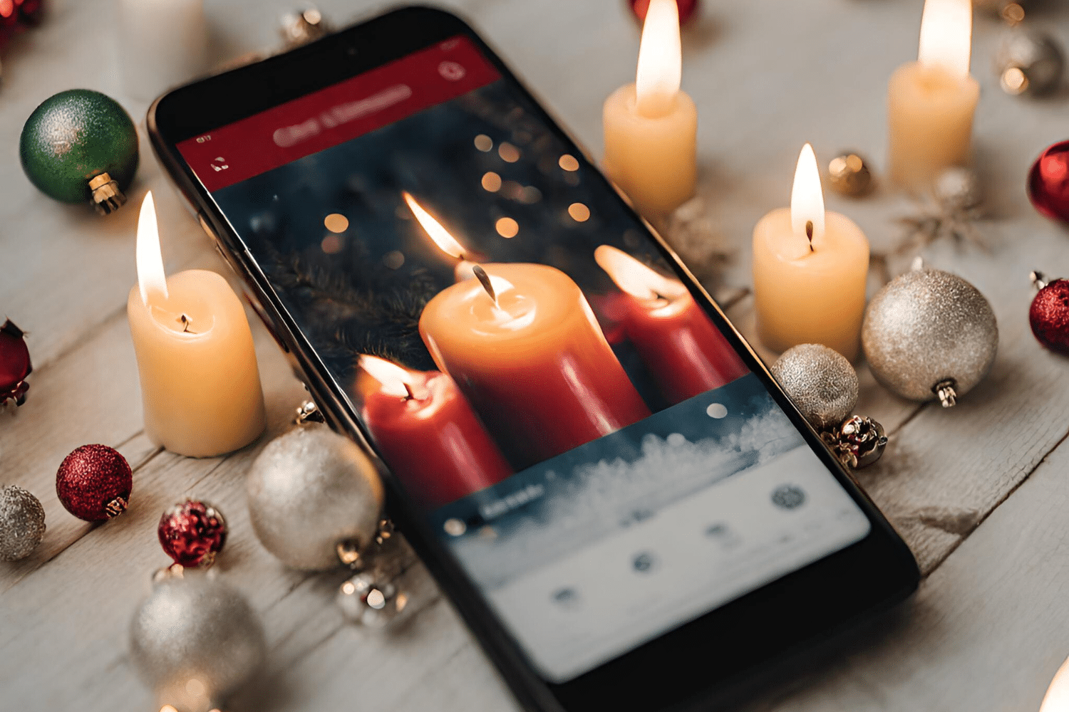 A cellphone with a playlist in a Christmas setting