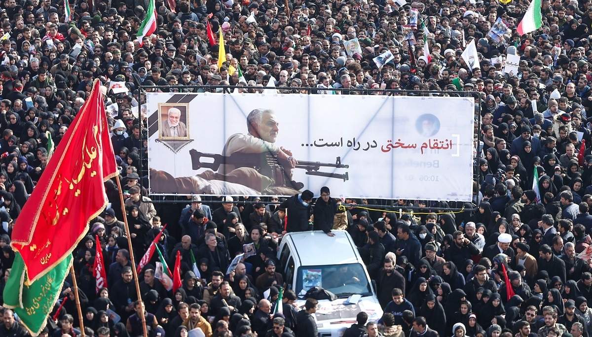 Mourners attend a funeral procession for Iranian Maj. Gen. Qassem Soleimani and Iraqi militia commander Abu Mahdi al-Muhandis in Tehran, Iran, Jan. 6, 2020.