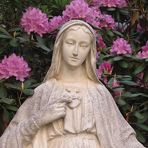 Statue of the Virgin Mary surrounded by blooming flowers