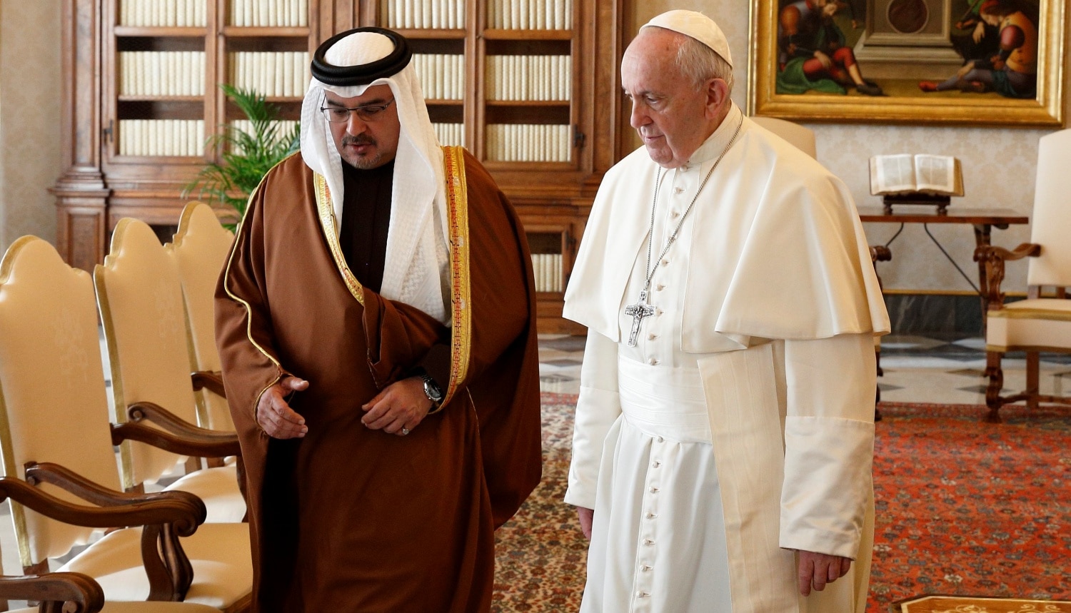 Pope Francis walks with Salman bin Hamad Al Khalifa, crown prince of Bahrain, during a private audience at the Vatican Feb. 3, 2020. Pope Francis is set to be the first pope to visit Bahrain Nov. 3-6, 2022. (CNS photo/Paul Haring)