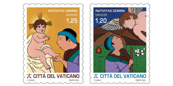 These two Vatican Christmas stamps were painted by Francesco Canale, an artist born without arms or legs who paints holding a brush between his teeth. The Christmas stamps will go on sale at the Vatican post office Nov. 16, 2022. (CNS photo/Vatican Philatelic Office)