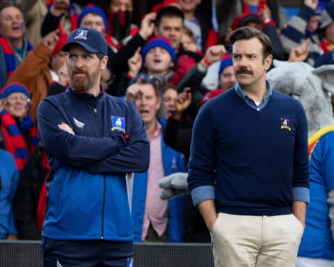 This is a scene from the TV show "Ted Lasso" with stars Brendan Hunt as Coach Beard on the left and