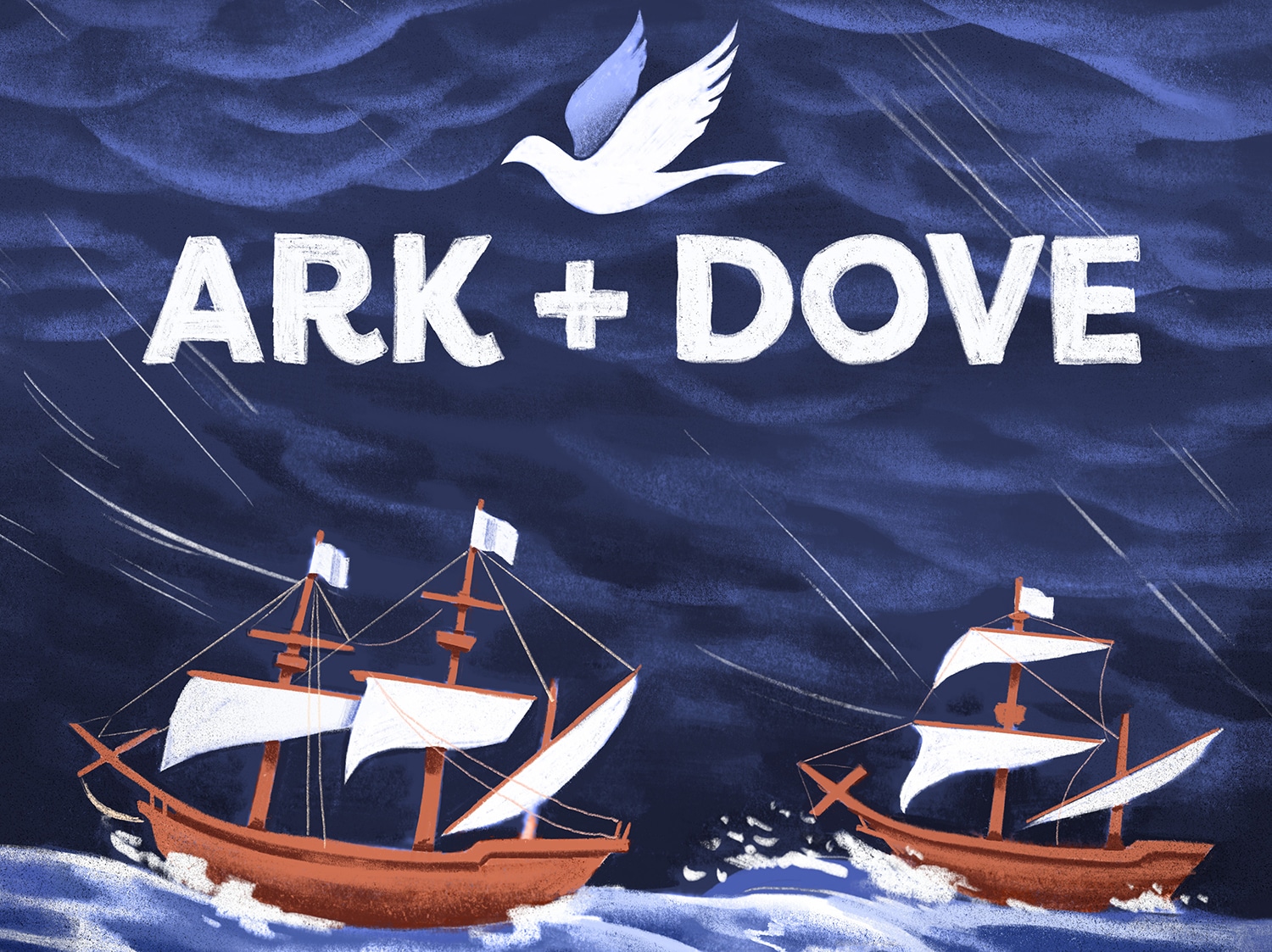 The logo for the Ark and Dove podcast--two ships on a dark, stormy sea with a dove flying overhead