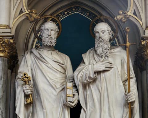A granite statue of saints Peter and Paul, apostles