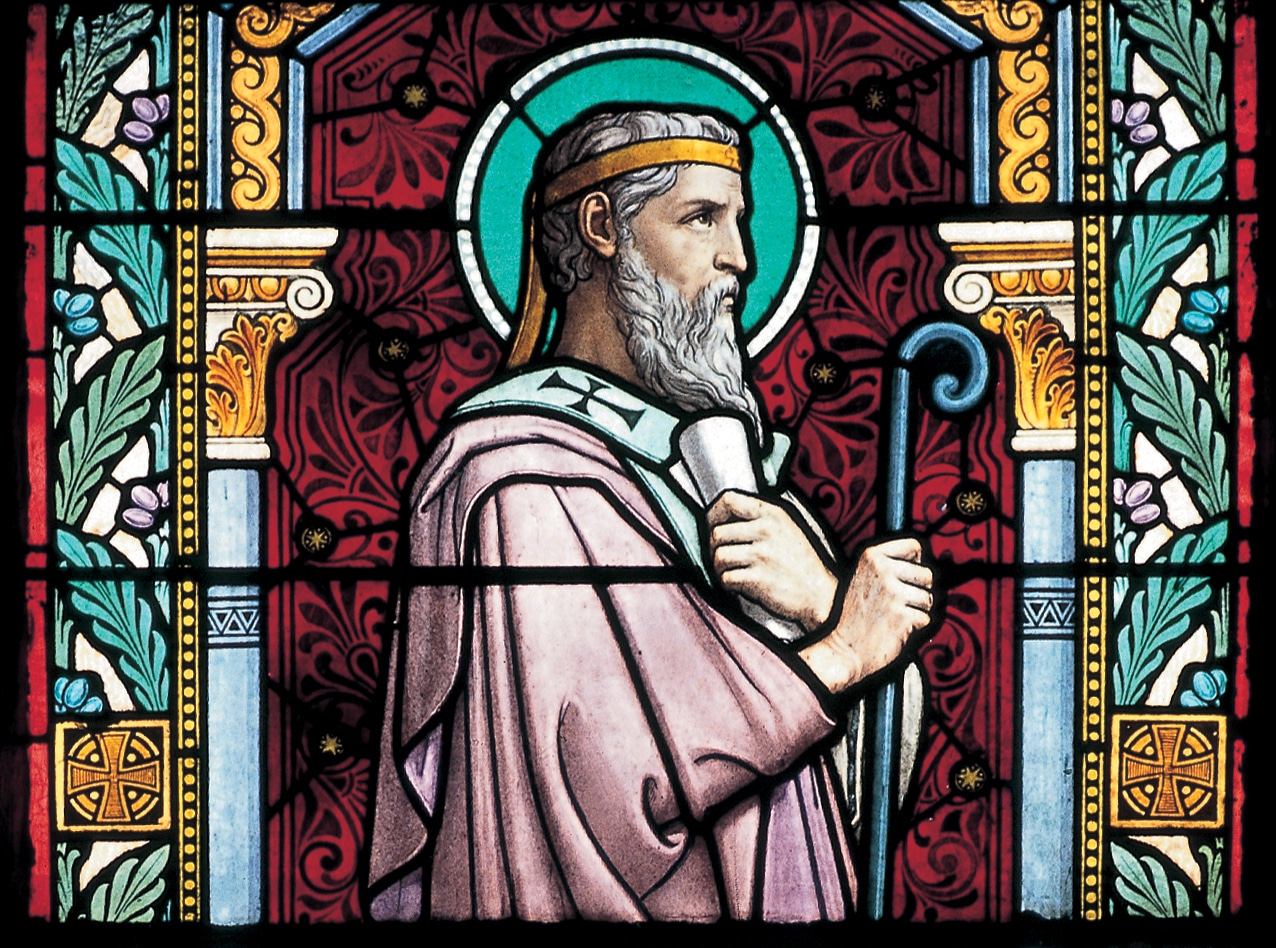 A stained glass image of St. Irenaeus