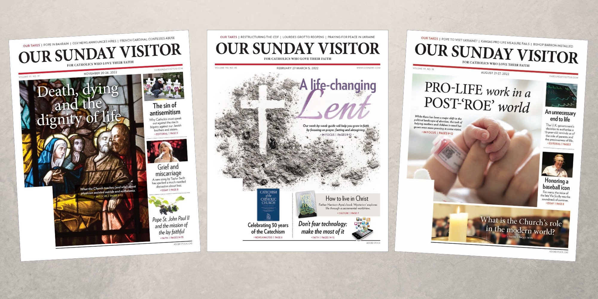 A montage of Our Sunday Visitor newspaper covers