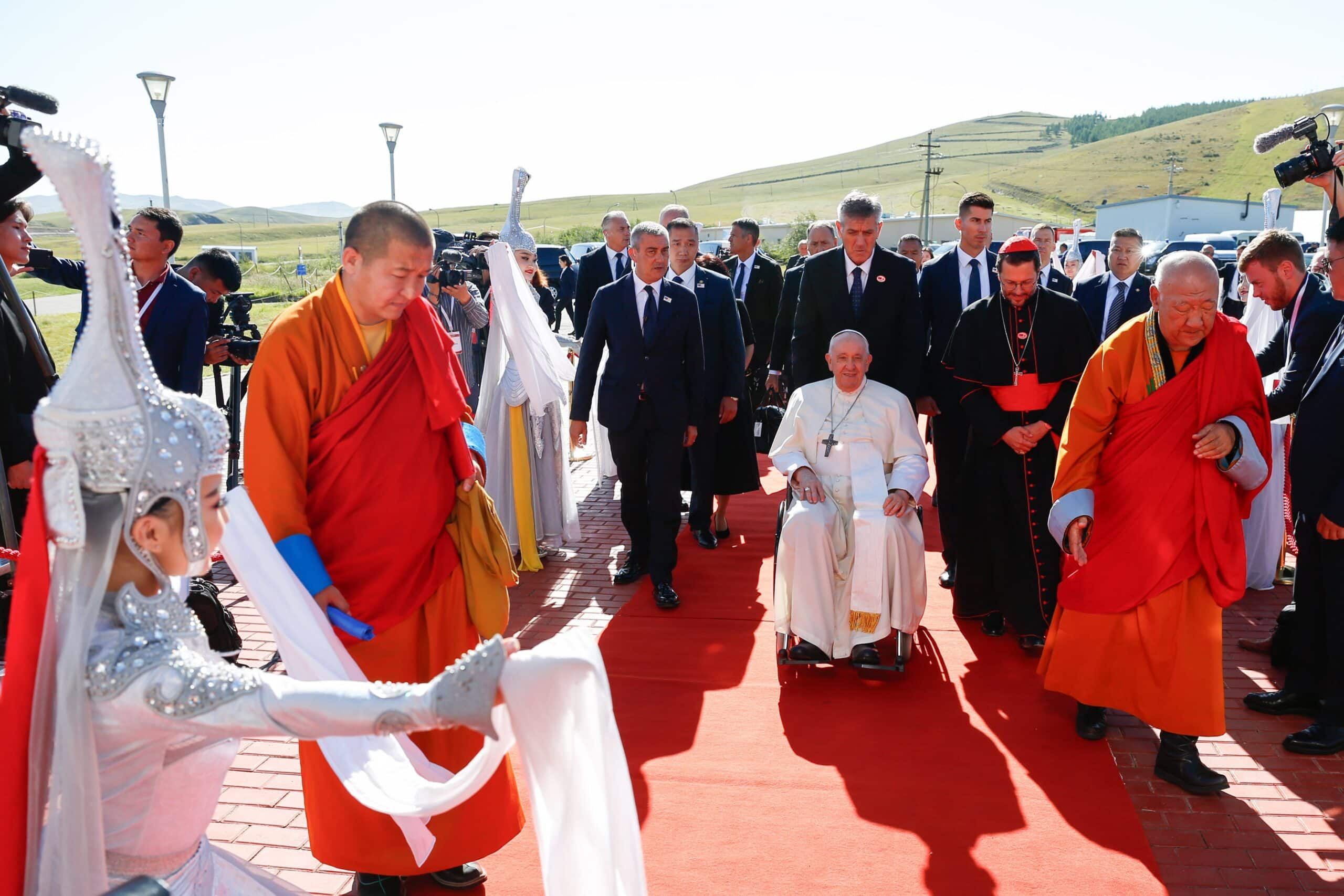 Pope Francis arrives for a meeting with religious leaders in Mongolia