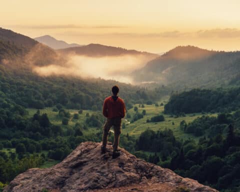 Young,Man,Standing,On,Top,Of,Cliff,In,Summer,Mountains